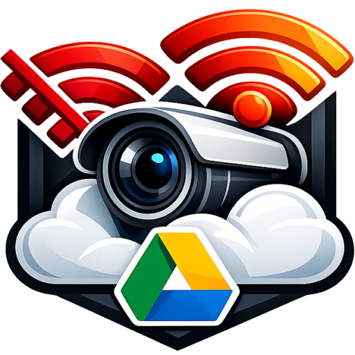 A clean, modern icon showing a no‑WiFi camera connected through a mobile hotspot to Google Drive, representing automatic cloud uploads without Wi‑Fi.