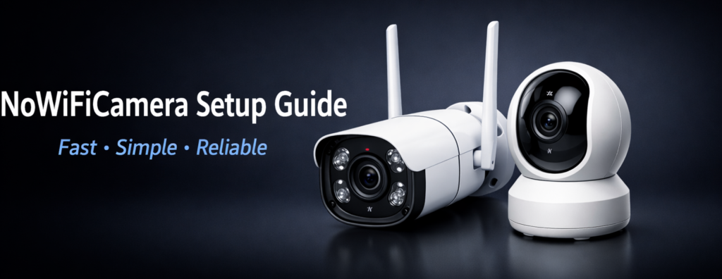 NoWiFiCamera Setup Guide banner showing SP030 and SH061 security cameras side by side on a dark gradient background.